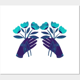 Dark purple blue hands with turquoise flowers for you Posters and Art